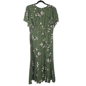 Reformation Dress Womens 12 Green Floral Maxi Flutter Sleeve Viscose Boho